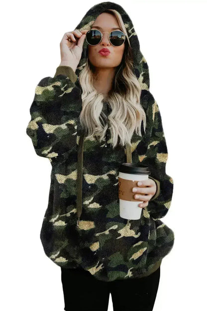 Women's Winter Green Camo Print Warm Furry Pullover Hoodie