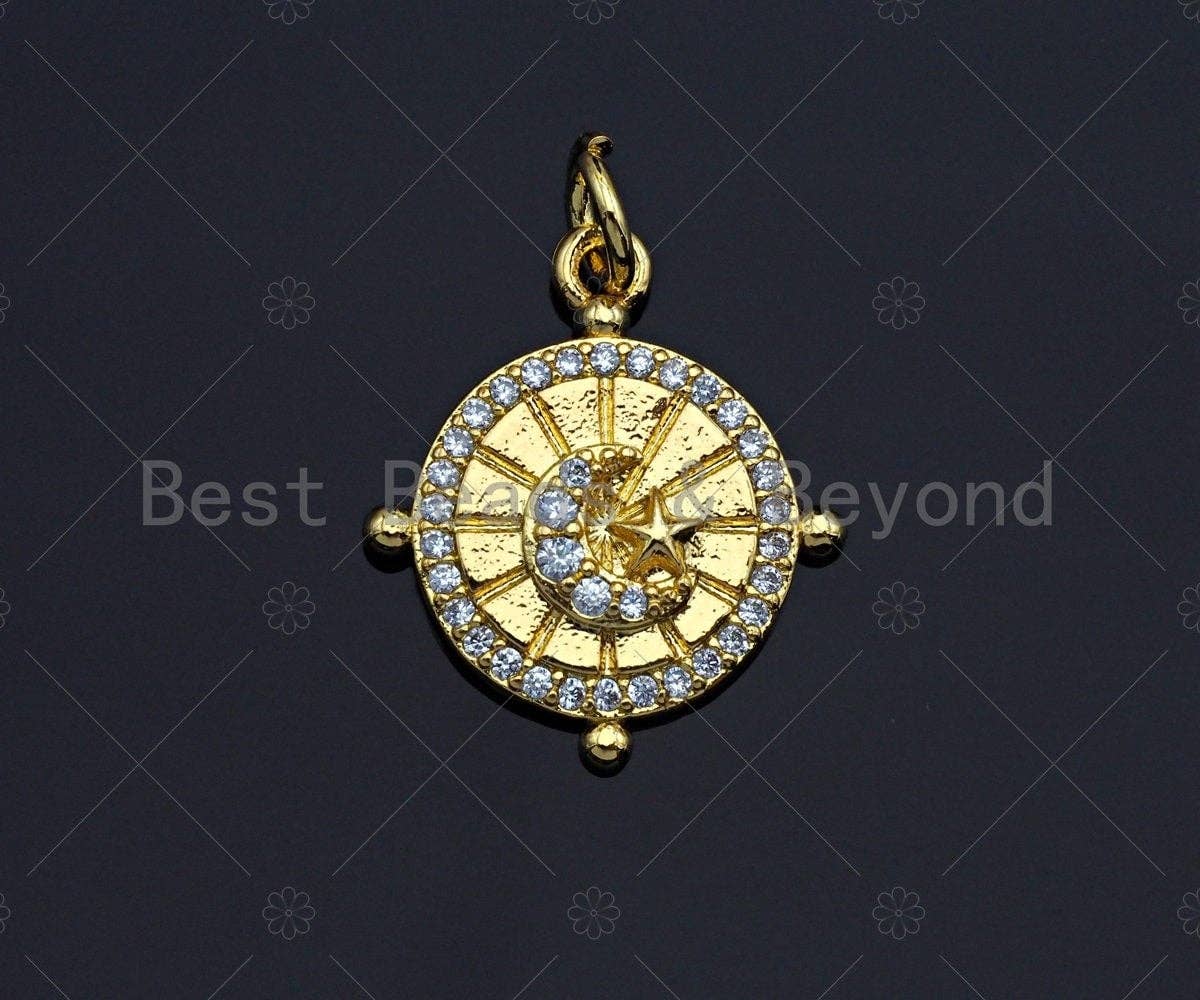 18K Gold CZ Micro Pave Star Moon Swirl Patten Charm, Dainty Gold Coin Charm, 15mm, Z1139
