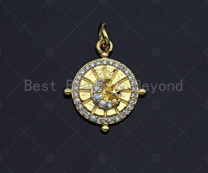 18K Gold CZ Micro Pave Star Moon Swirl Patten Charm, Dainty Gold Coin Charm, 15mm, Z1139