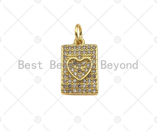 CZ Micro Pave Heart Dogtag Rectangle Shape Pendant/Charm,Cubic Zirconia Medallion Charm, Necklace Bracelet Charm Pendant, 14x9mm, Sku#LK229