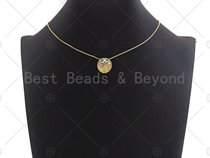 CZ Micro Pave Black CZ Square Pattern On Round Coin Shape Pendant, Dainty Gold Medallion Pendant,17mm, Sku#LK24