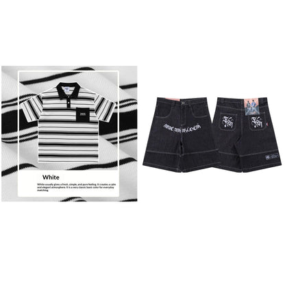 Loose-fitting Polo Shirt With A Lapel Collar Short-sleeved Striped T-shirt