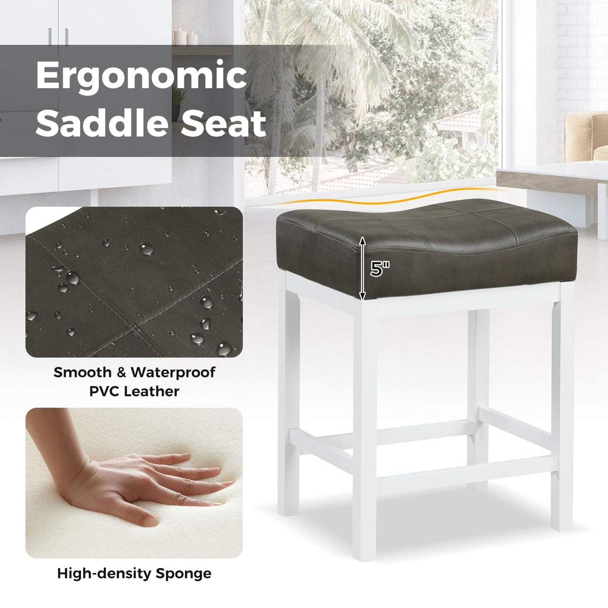 24.5 Inches Linen Fabric Saddle Stools Set of 2 with Cushioned Seat