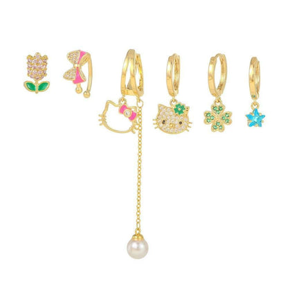 Multi Sets of Blue Flower Pierced Earrings, 4-6pcs, 18k Gold Plated Stud Drop Hoop Huggie Cuff Chain, S925 Needle