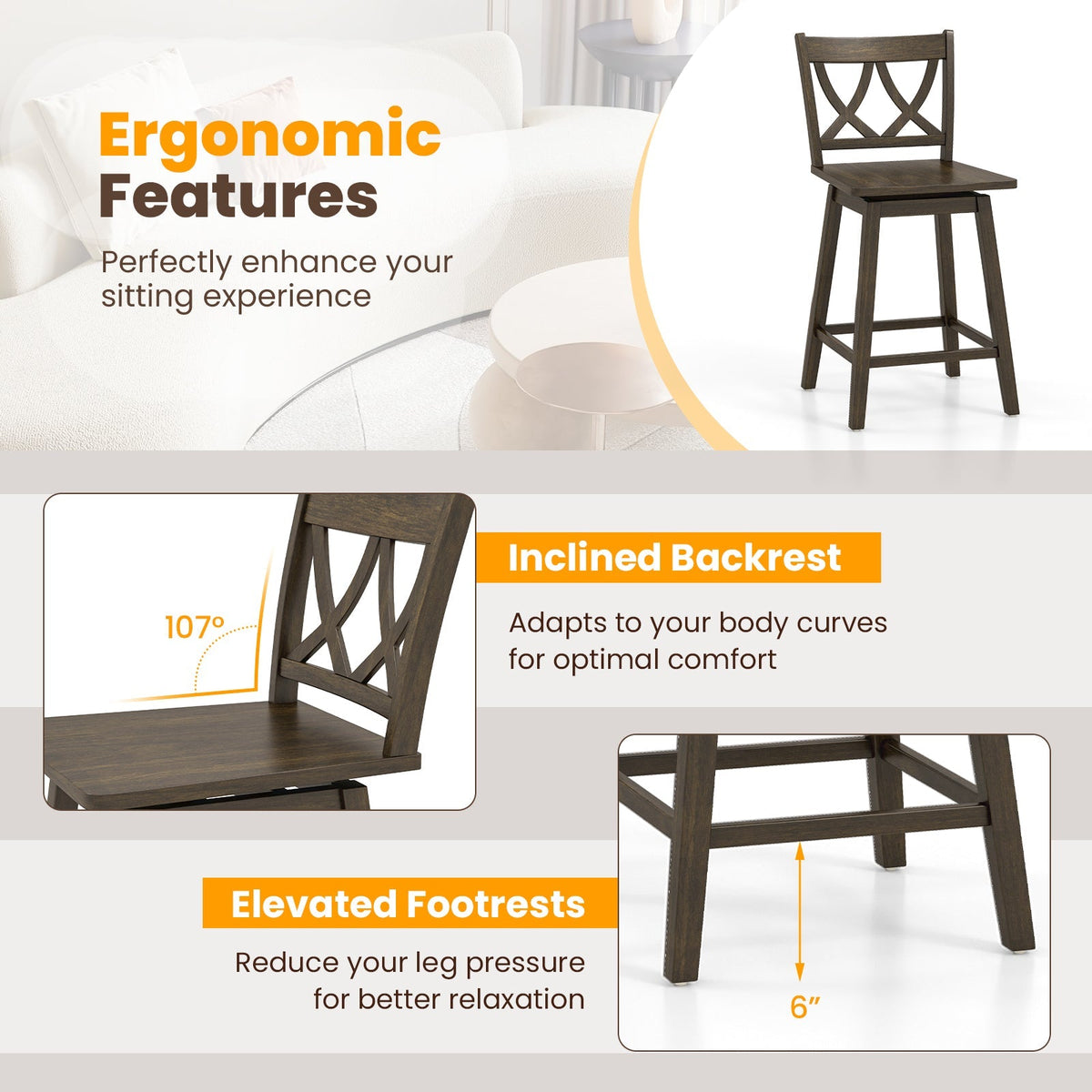 24/29 Inch Bar Stool Set of 2 Wooden Bar Chairs with Rubber Wood Frame