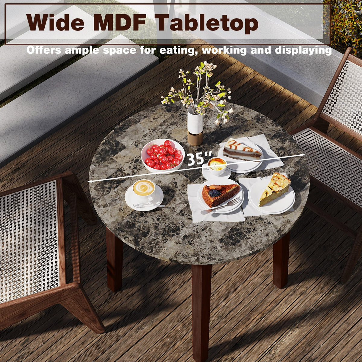 35 Inch Round Dining Table with Rubber Wood Legs and Marble-textured Veneer Tabletop