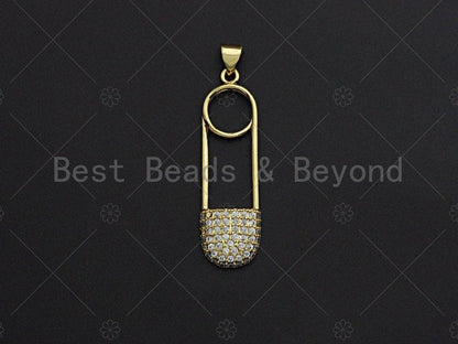 Clear CZ Micro Pave Safe Pin Shape Pendant, CZ Micro Pave Safe Pin pendant, Gold Pave pendant, 11x37mm, sku#LK17