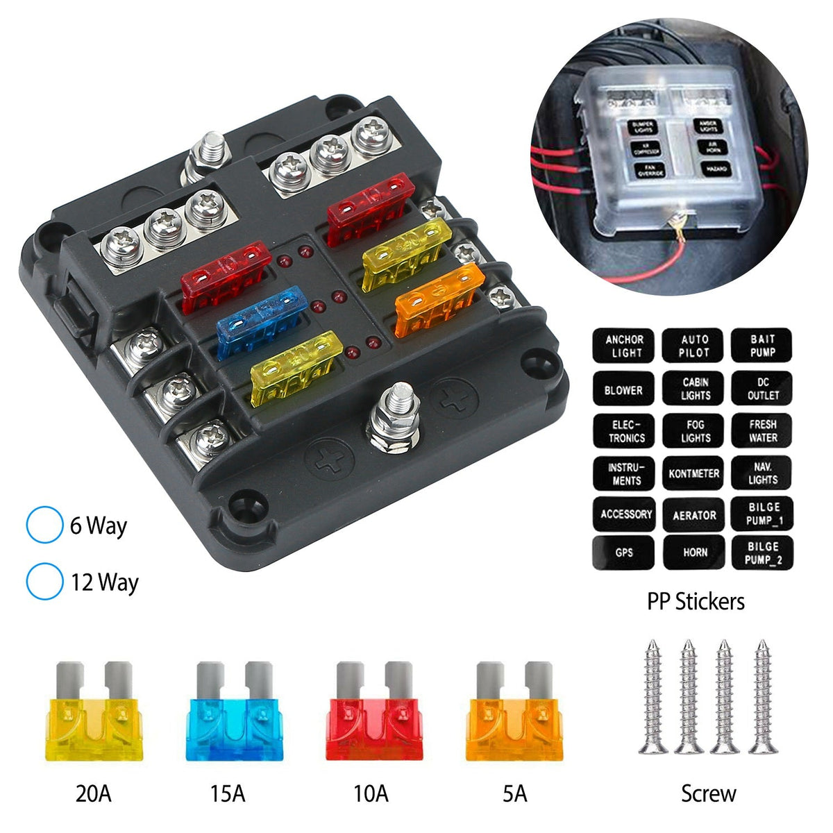 6-Way Fuse Box Holder with LED Indicator