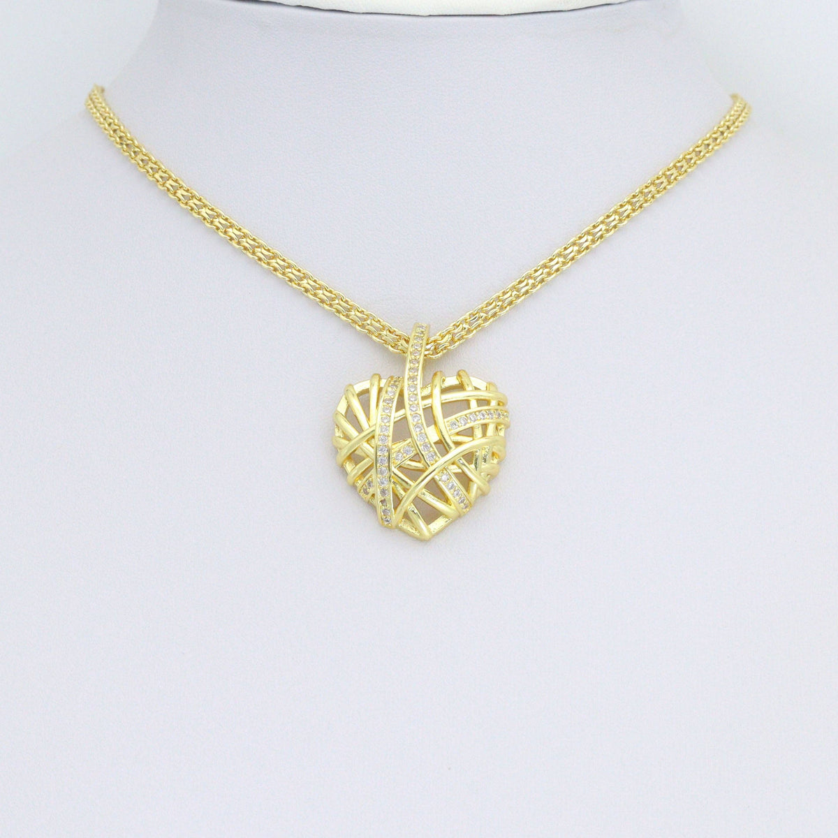 Clear CZ Gold Cage Puffy Heart Charm Pendant, Sku#LD708