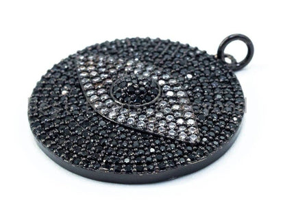 CZ Micro Pave Black Evil Eye on Disc Round Charm/Pendant, Black CZ in Black/Gold/Silver Finish, 40mm,Sku#L3