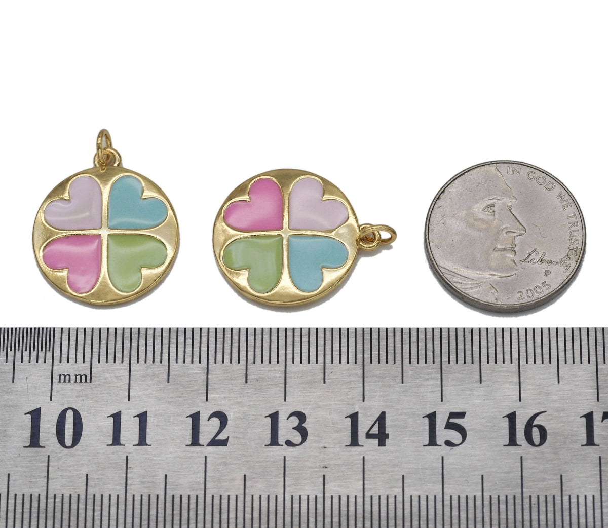 Gold CZ Enamel Colorful Heart Round Charm, Sku#LK696