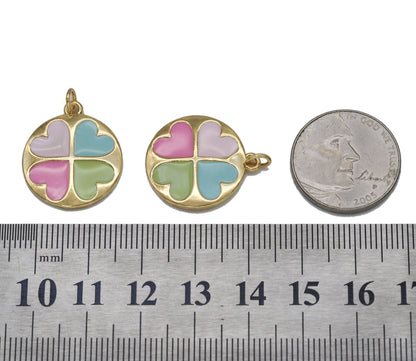 Gold CZ Enamel Colorful Heart Round Charm, Sku#LK696