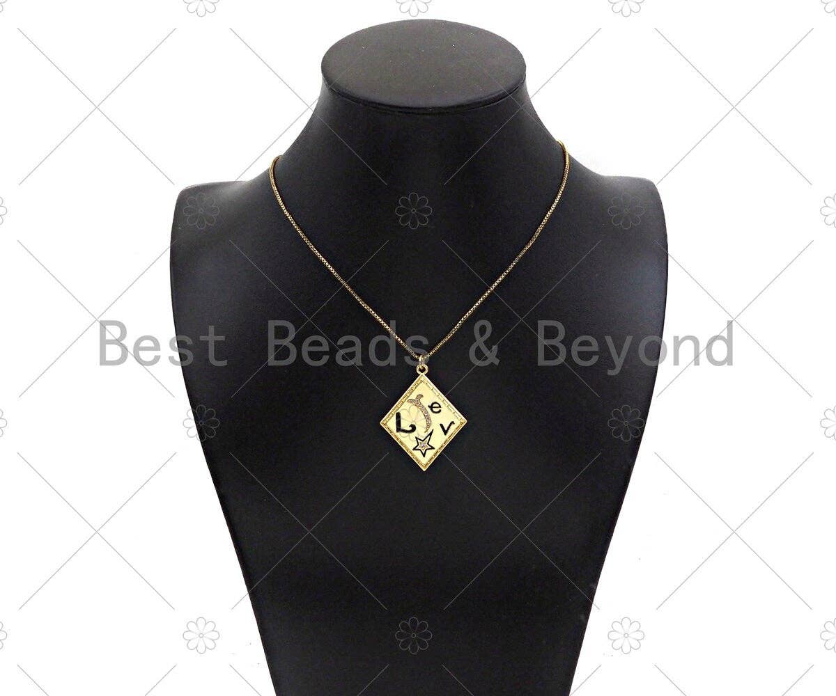 Gold Filled CZ Micro Pave Love Word On Rhombus Shape Pendant, 18K Gold Filled Black Enamel Charm, Necklace Bracelet Charm,30x38mm,Sku#L567
