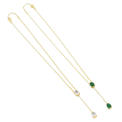 Gold Green CZ Dainty lariat style necklace, Sku#JL186