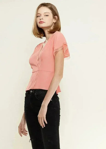 Women's Lace Trim Cape Sleeve Wrap Blouse in Coral | Femstylo