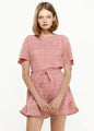 Women's Grid Print Crew Neck Blouse in Pink | Femstylo