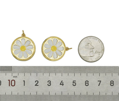 White Enamel Daisy Flower On Round Coin Pendant, Sku#L648