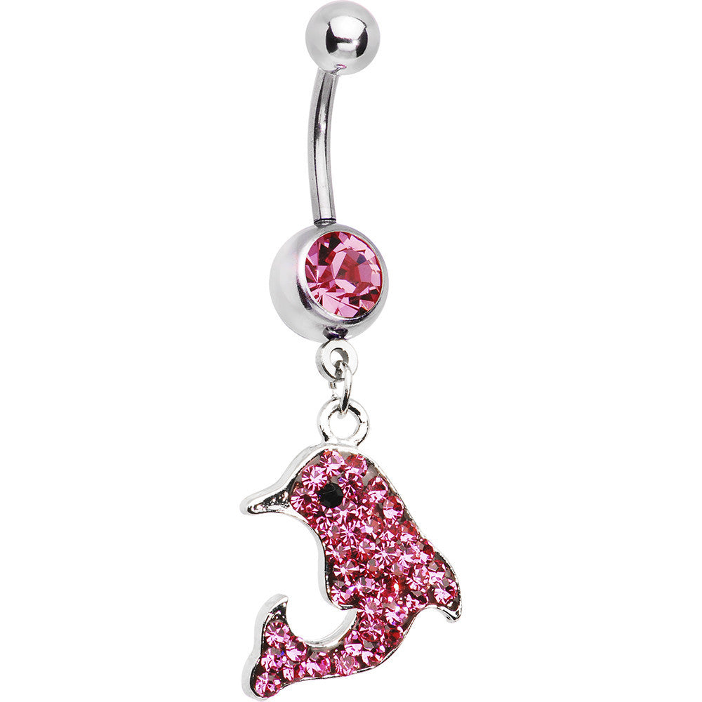 Pink Gem Paved Dolphin Dangle Belly Ring