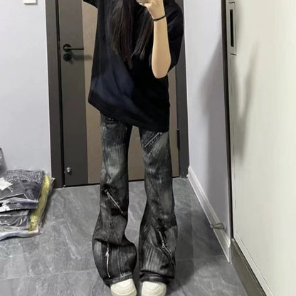 American-style Vintage Washed-design Slimming Pants With Zippers