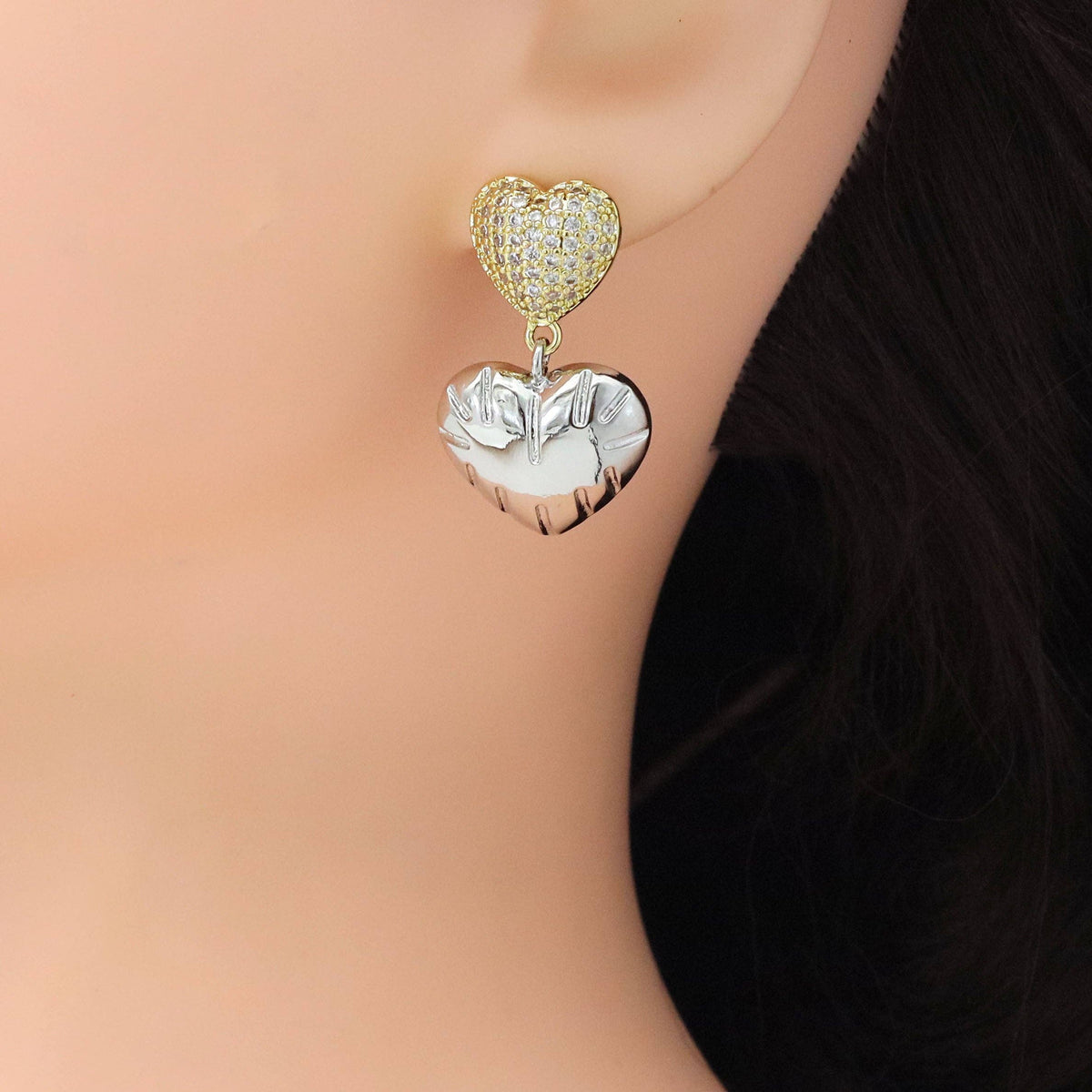 Dual Color CZ Bubble Heart Stud Earrings, Sku#LD628