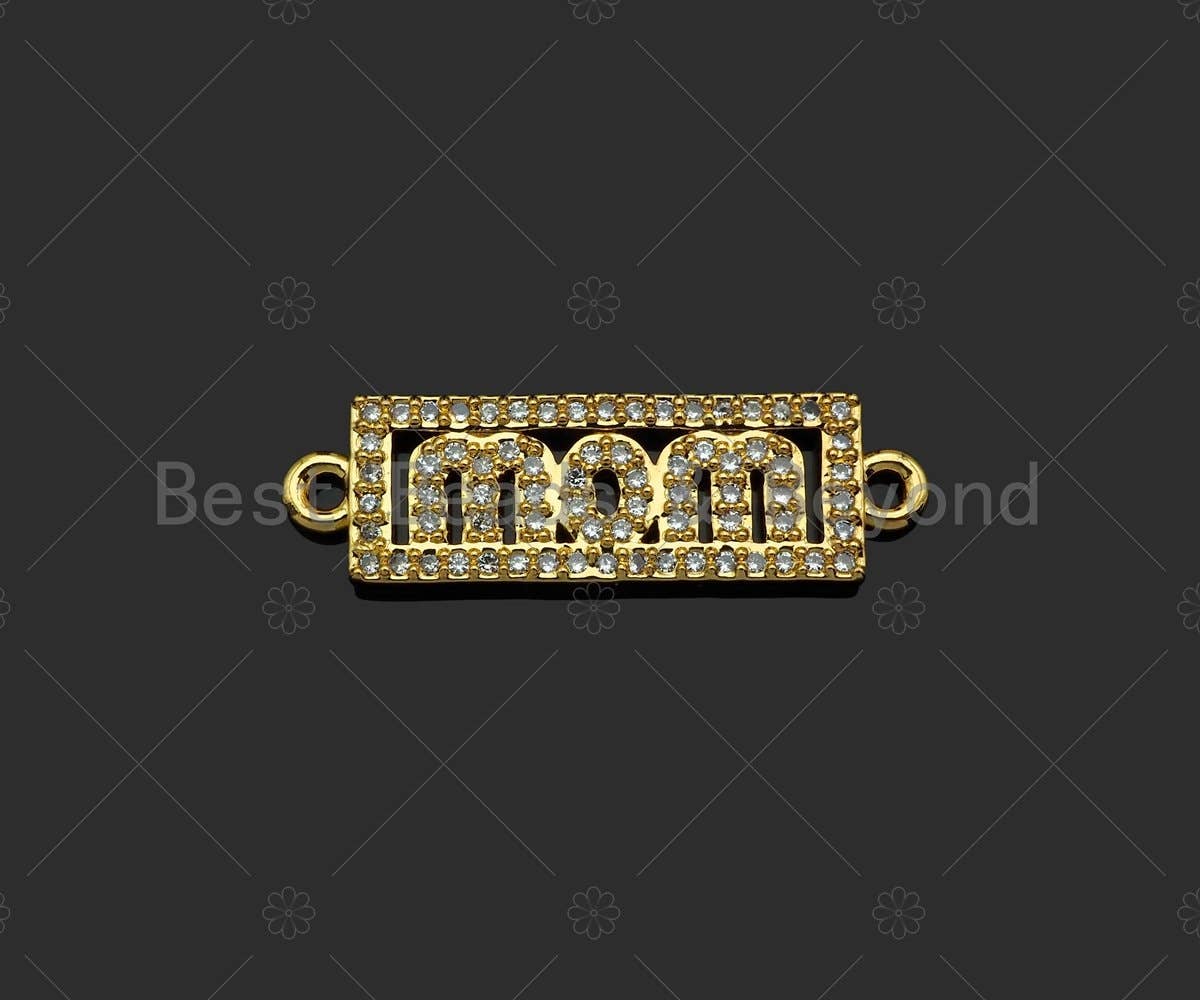 Gold Filled CZ Micro Pave Mom Word On Rectangle Shape Connector, 18K Gold Filled Connector, Mother's Day Gift, 25x8mm,Sku#LD112