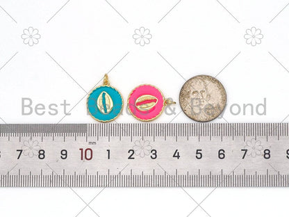 Gold Cowire Shell On Colorful Enamel Round Coin Shape Pendant, Sku#L623