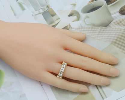 Pearl with Baguette CZ Band Ring, Sku#LD324