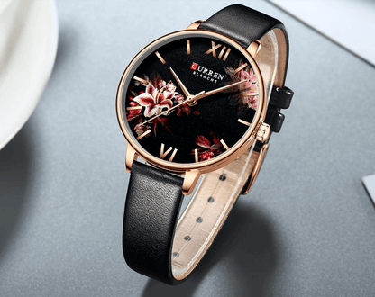 Womens Watches With Decoupage Flower Patterns And Details Of Large Roman Numbers