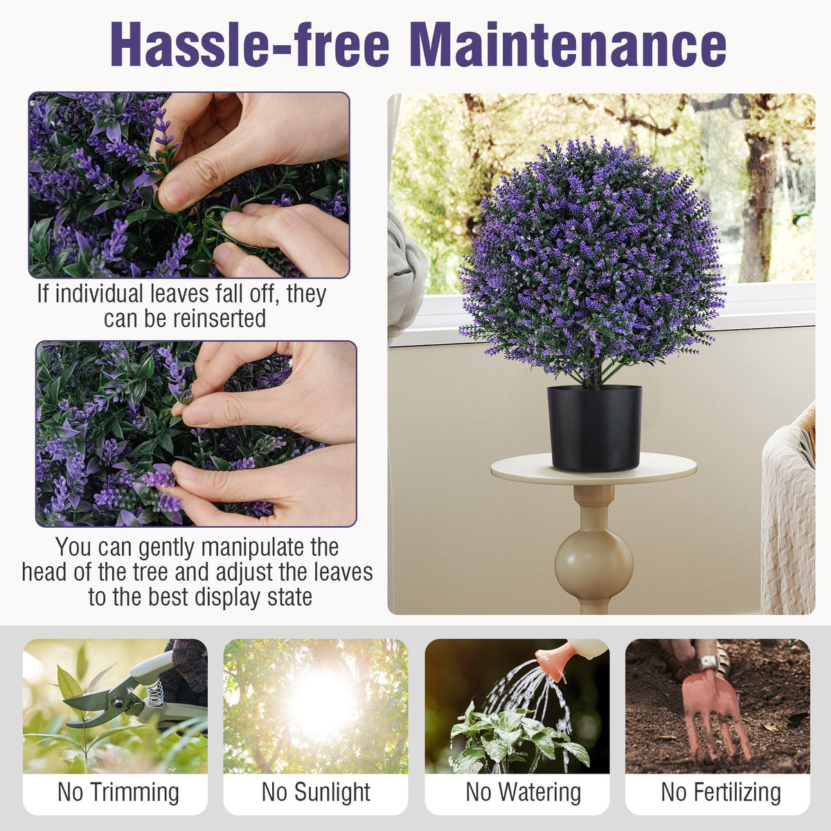 2 Pack Artificial Lavender Topiary Ball Tree Faux Shrub Bushes with Flowers-Purple