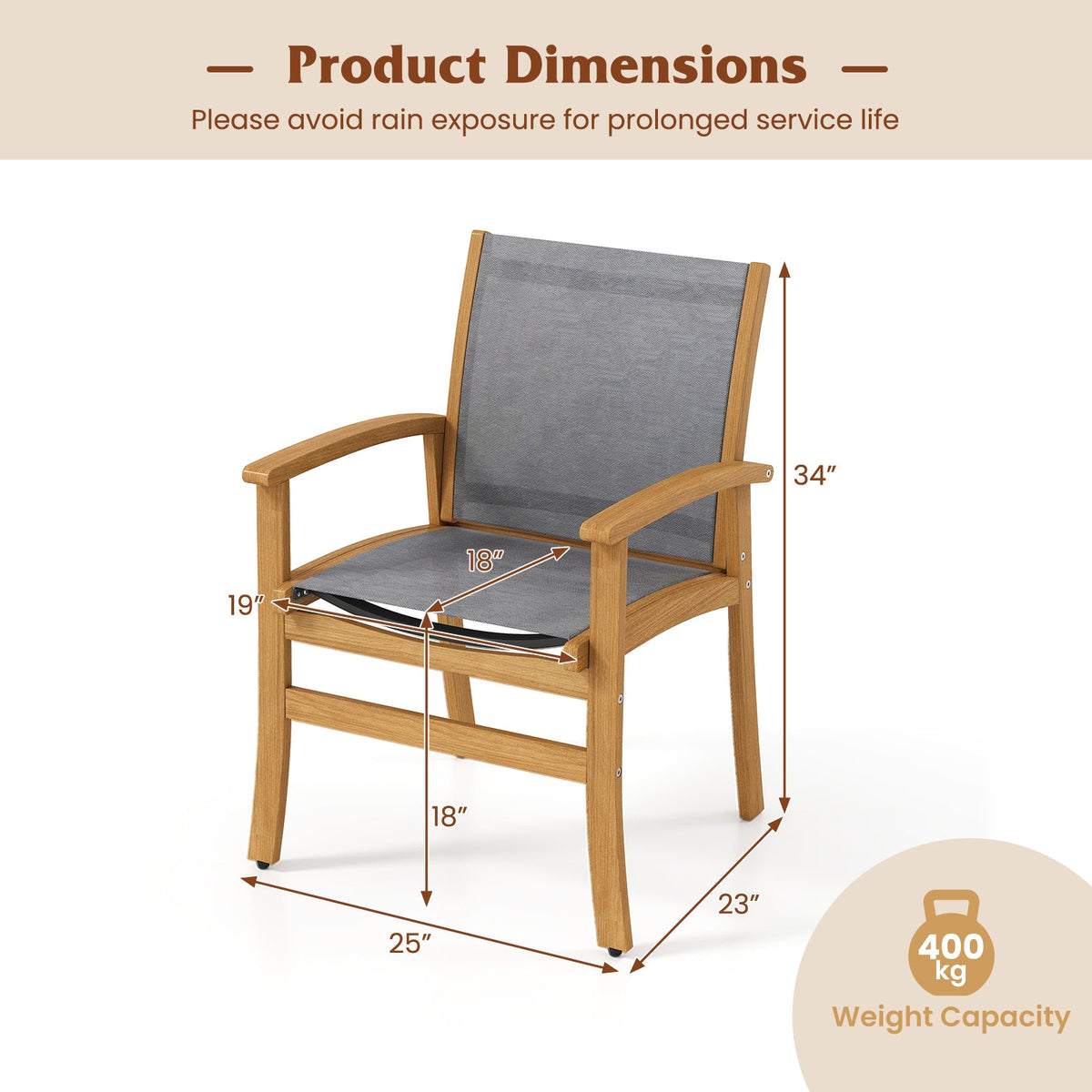Patio Chairs Set of 2 Acacia Wood Armchairs with Breathable Fabric Back and Seat