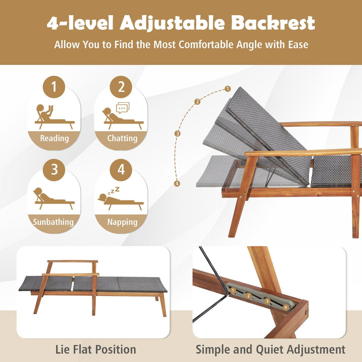 Patio Chaise Lounge and Table Set with 4-Level Adjustable Backrest