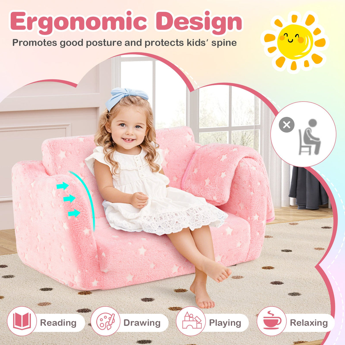 2-in-1 Folding Kids Couch with Blanket Glow in the Dark-Pink