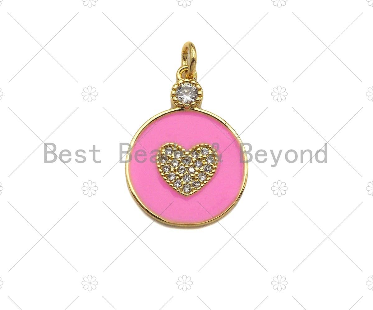 Enamel Colorful Heart On Round Coin Pendant, Sku#L475