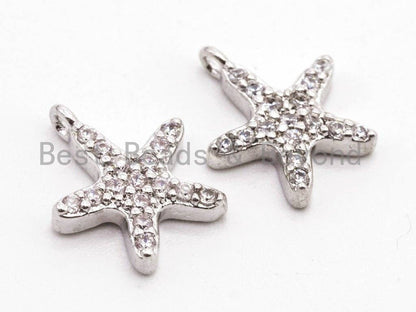 CZ Micro Pave Small Starfish Pendant/Charm, Cubic Zirconia Pendant in Gold Rose gold Black Silver, Fashion Jewelry Findings, 9x10mm, sku#B77