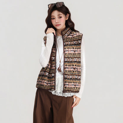 Retro Stand-collar Lamb Wool Vest Women's Cardigan Jacket For Autumn And Winter Layering