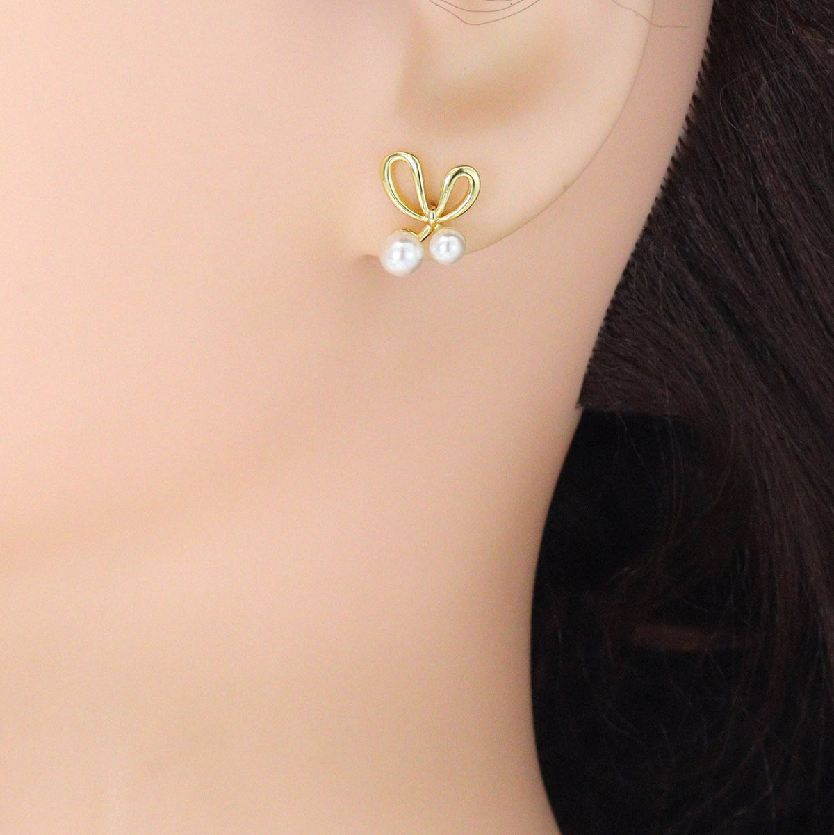 White Pearl Gold Bowknot Star Fish Stud Earring,Sku#LD747