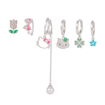 Multi Sets of Blue Flower Pierced Earrings, 4-6pcs, 18k Gold Plated Stud Drop Hoop Huggie Cuff Chain, S925 Needle