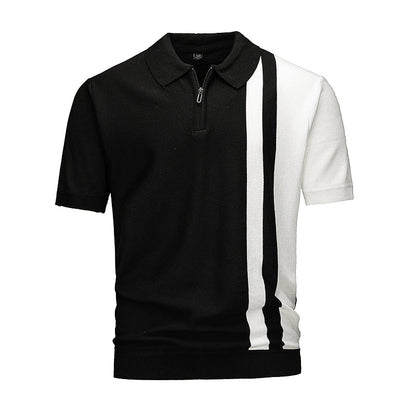 Men's Color Block Half-Zip Knit Polo Shirt, Navy & White Vertical Stripe Short Sleeve Top