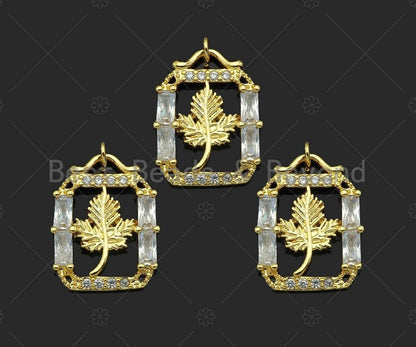 CZ Micro Pave Maple Leaf On Rectangular Frame Shape Pendant/Charm,Big CZ Charm, Necklace Bracelet Charm Pendant,19x24mm, Sku#LK260