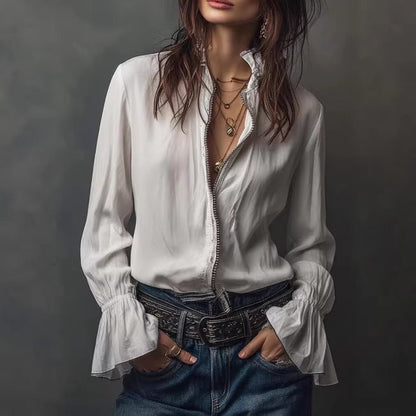 Womens Long-sleeve Zip-up Crew-neck Blouse