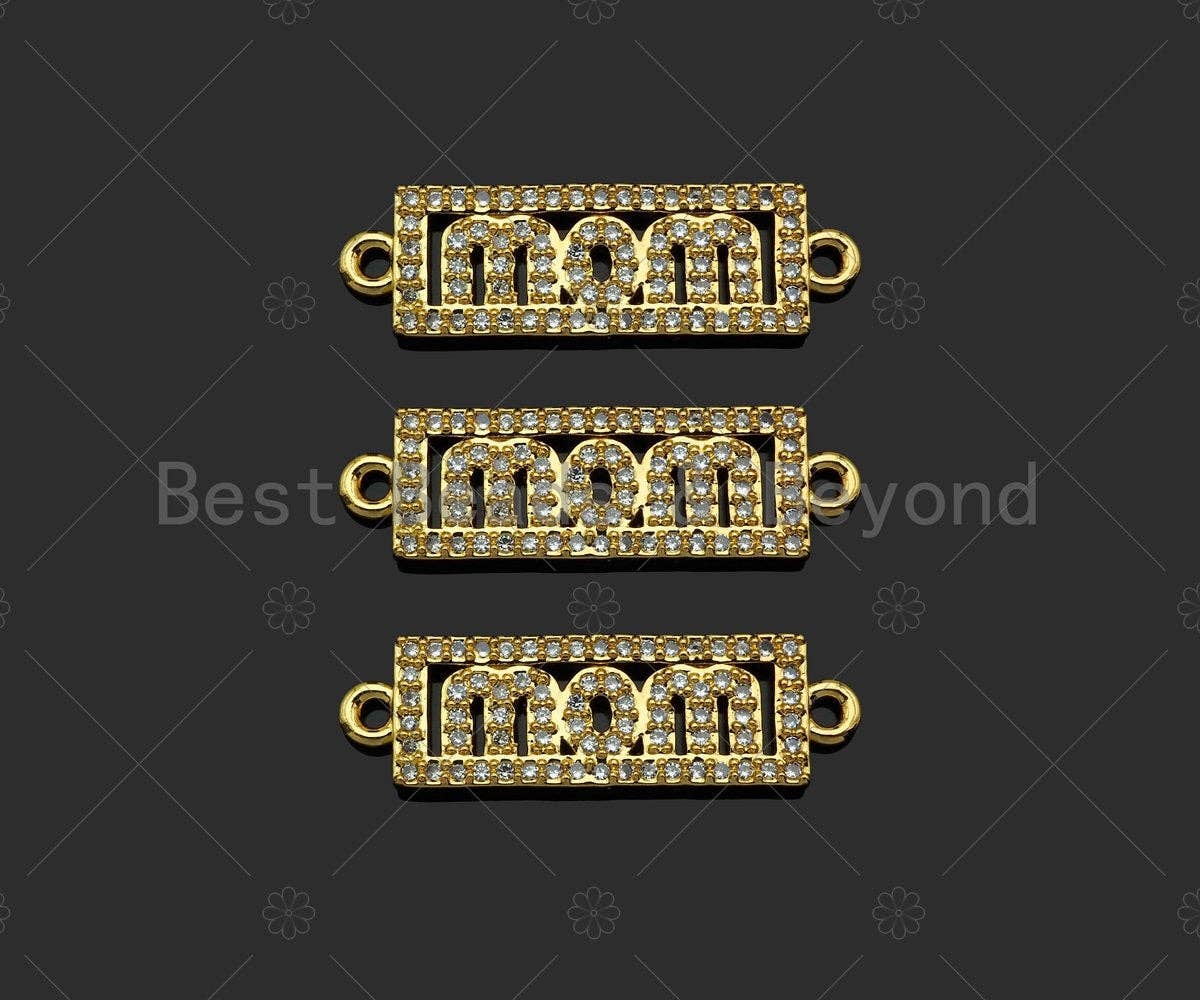Gold Filled CZ Micro Pave Mom Word On Rectangle Shape Connector, 18K Gold Filled Connector, Mother's Day Gift, 25x8mm,Sku#LD112