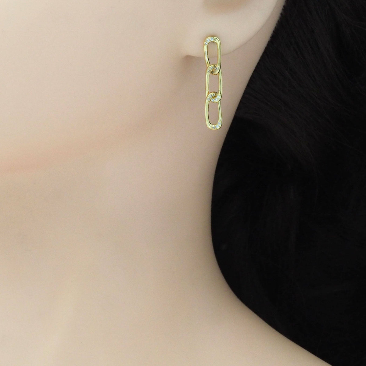CZ Gold Oval Link Dangle Earrings, Sku#LK900