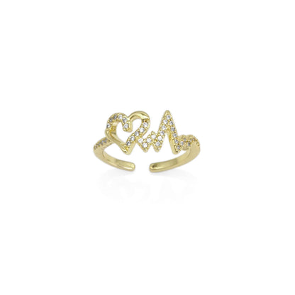 Gold CZ Heart electro wave line Adjustable Ring, Sku#LD498