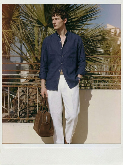 Mens Solid Color Loose Fit Casual Linen Shirt Top