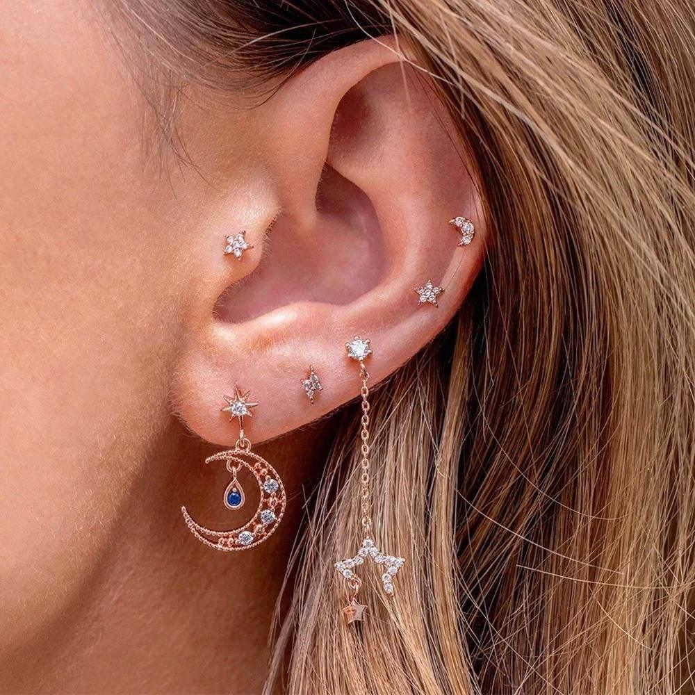 Stacking 6 Pieces Crystal Cascade Drops Earring Set, 18k Gold Hoop with Drops, S925 Needle, Stacked Lobe Designs with Dazzling Zirconia