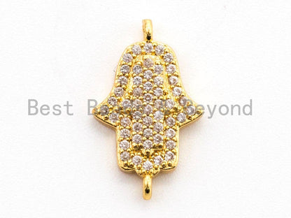 CZ Clear Micro Pave Hamsa Hand Connector, CZ Pave Jewelry Charm Findings, Bracelet Charm link findings, Gold/Rose gold 11x18mm,sku#A55