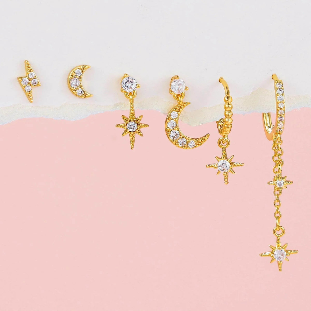 Multi Sets of Chic Star&Moon Earrings, 3-6pcs, 18k Gold Plated Stud Drop Hoop Huggie Cuff Chain, S925 Needle