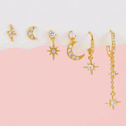 Multi Sets of Chic Star&Moon Earrings, 3-6pcs, 18k Gold Plated Stud Drop Hoop Huggie Cuff Chain, S925 Needle