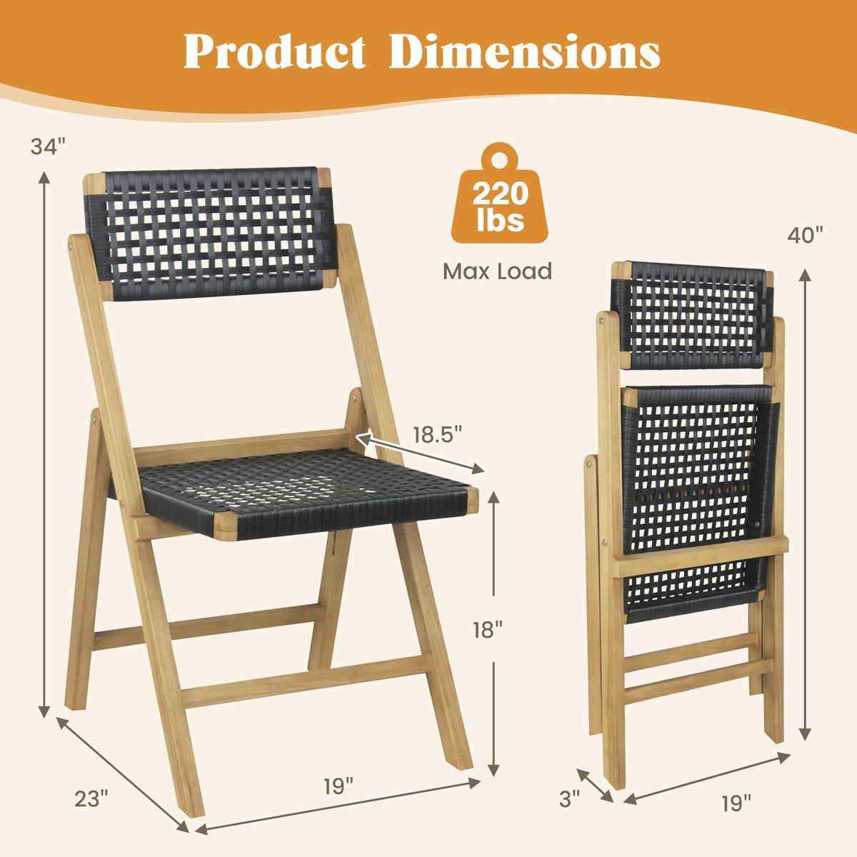 Set of 2 Folding Chairs Indonesia Teak Wood Dining Chairs with Woven Rope Seat and Back