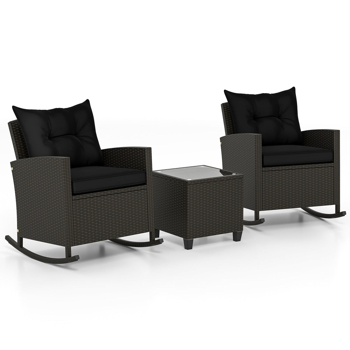 Patio Rattan Roker Chairs with Tempered Glass Table and Soft Cushions for Backyard Poolside Porch
